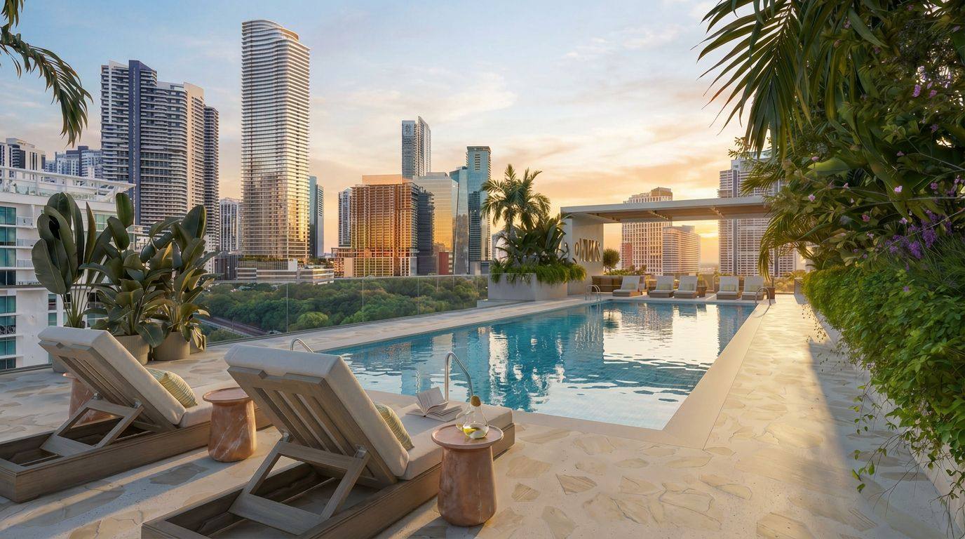 Beach-inspired rooftop pool deck at sunrise with the Brickell skyline