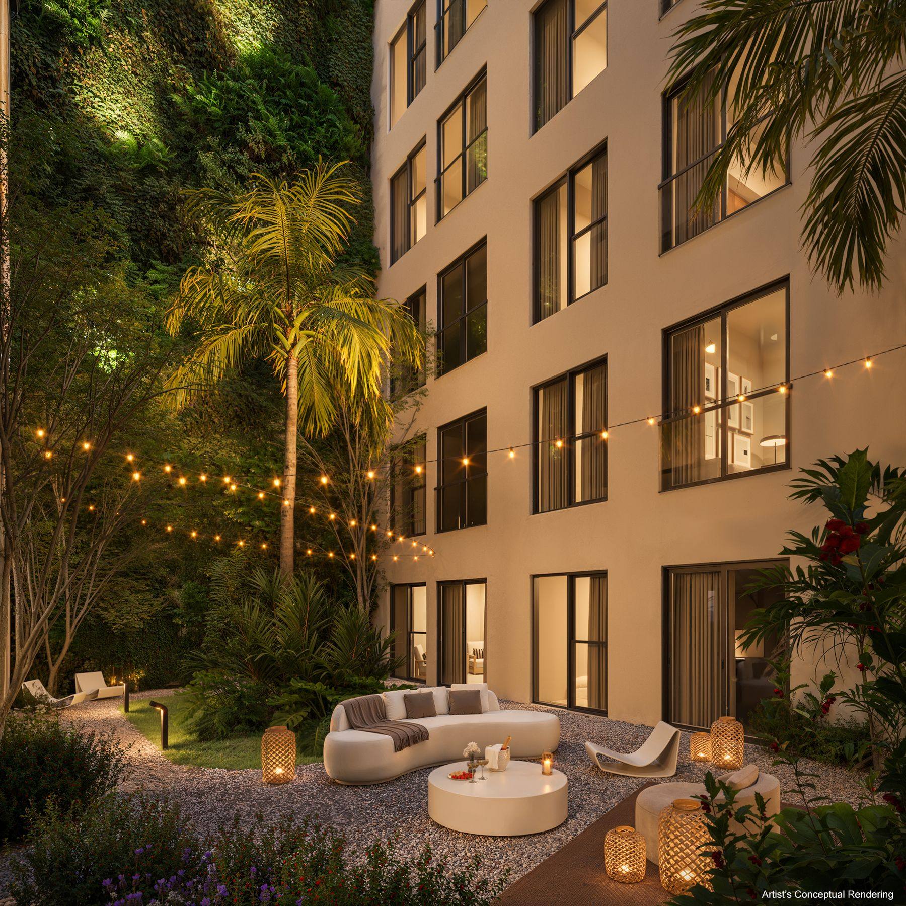 Zen garden courtyard in the evening