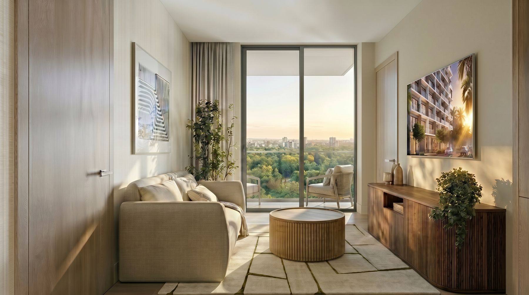 Furnished residence living room with floor-to-ceiling windows