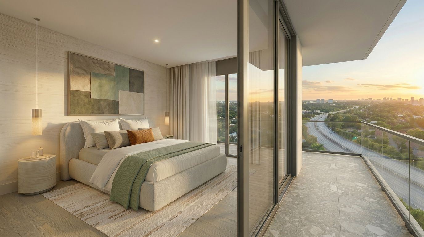 Corner bedroom with balcony and city views