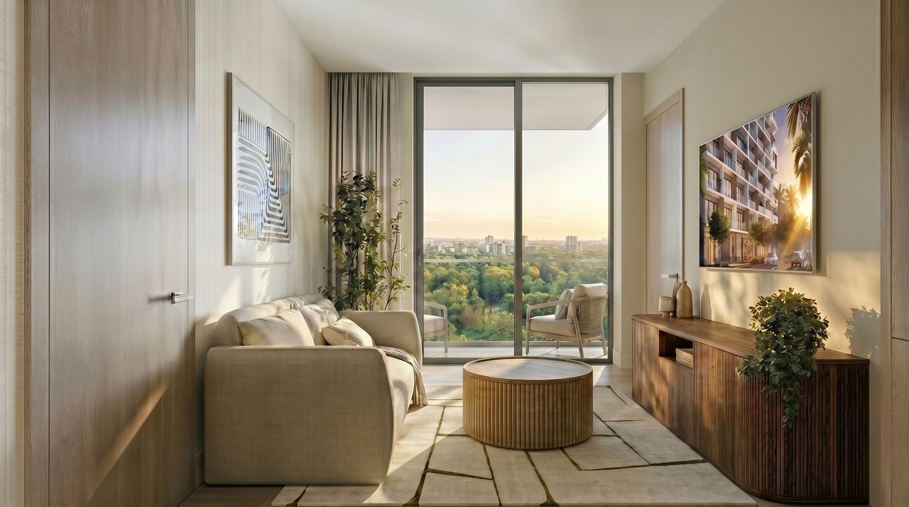Furnished residence living room with floor-to-ceiling windows